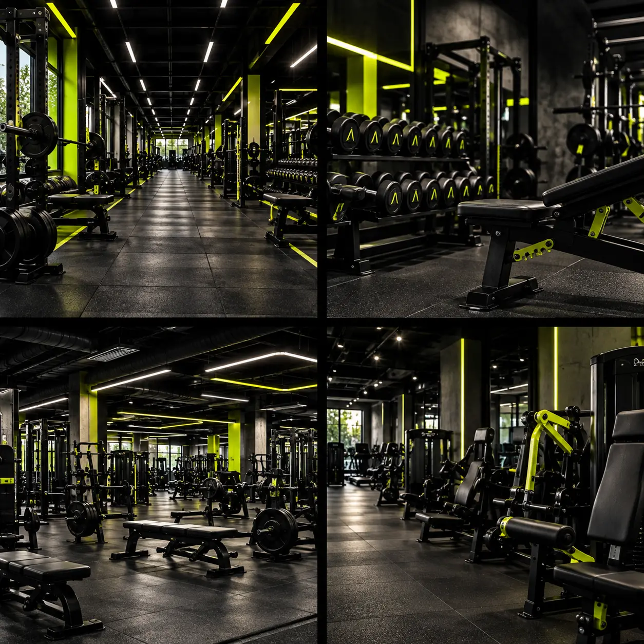 Estrutura da academia PULSE com equipamentos de musculação e áreas de treino.